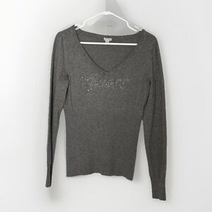 Y2K Guess Gray Sweater‎ Top XL Long Sleeve Fitted 90s Y2K 90s V Neck